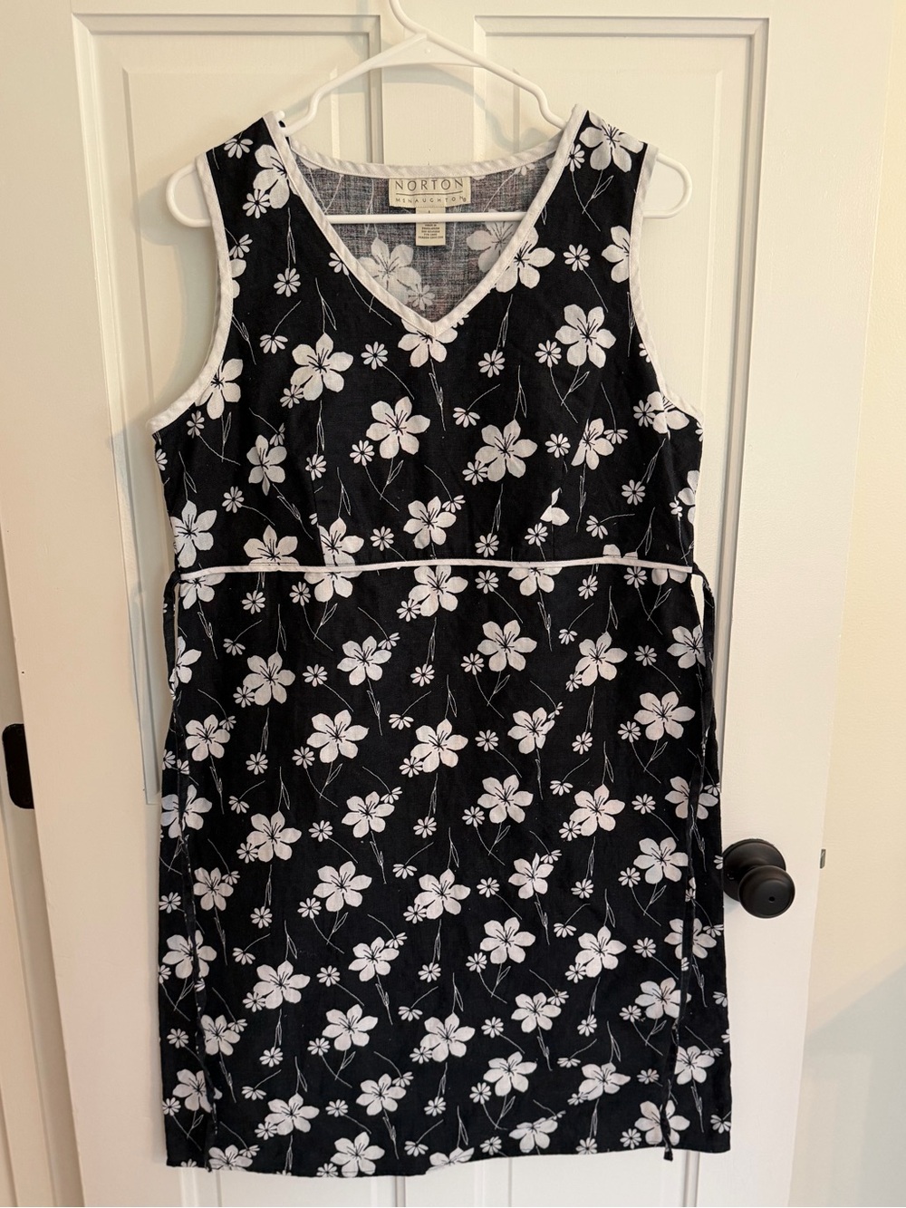 Norton McNaughton 100% Linen Floral Shift Dress‎ Black White Size L